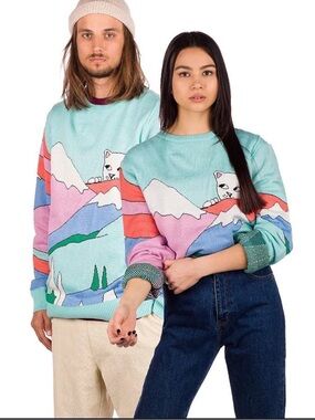 RIPNDIP Kiss The Sky Sweater Multicolor Graphic Cat Knit Unisex Sweater NWT L